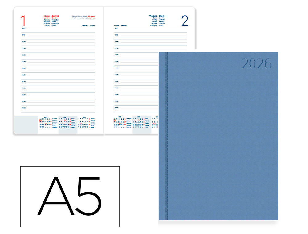 AGENDA ENCUADERNADA LIDERPAPEL CORFU A5 2026 DIA PAGINA AZUL CLARO PAPEL 60 GR FSC