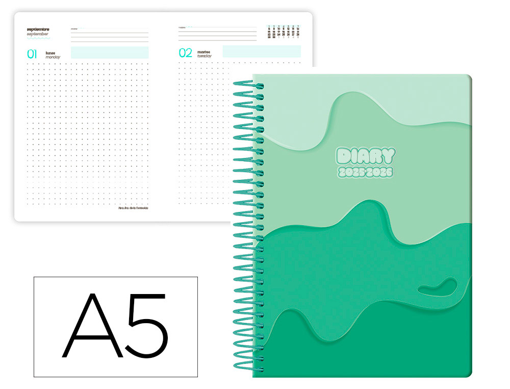 AGENDA ESCOLAR LIDERPAPEL 25-26 ESPIRAL MELTING VERDE DIA PAGINA A5 BILINGE PAPEL FSC 80 GR