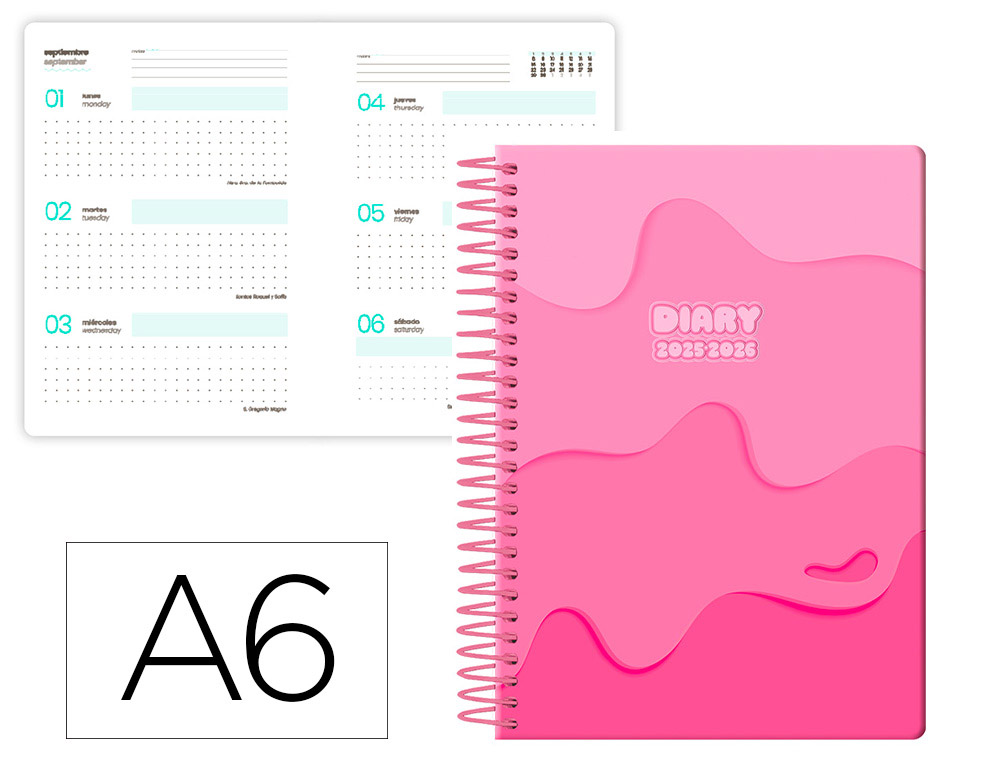 AGENDA ESCOLAR LIDERPAPEL 25-26 ESPIRAL MELTING ROSA SEMANA VISTA A6 BILINGE PAPEL FSC 80 GR
