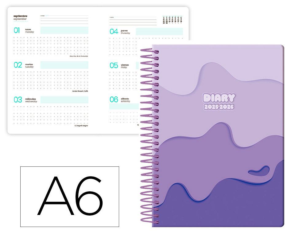 AGENDA ESCOLAR LIDERPAPEL 25-26 ESPIRAL MELTING MORADO SEMANA VISTA A6 BILINGE PAPEL FSC 80 GR